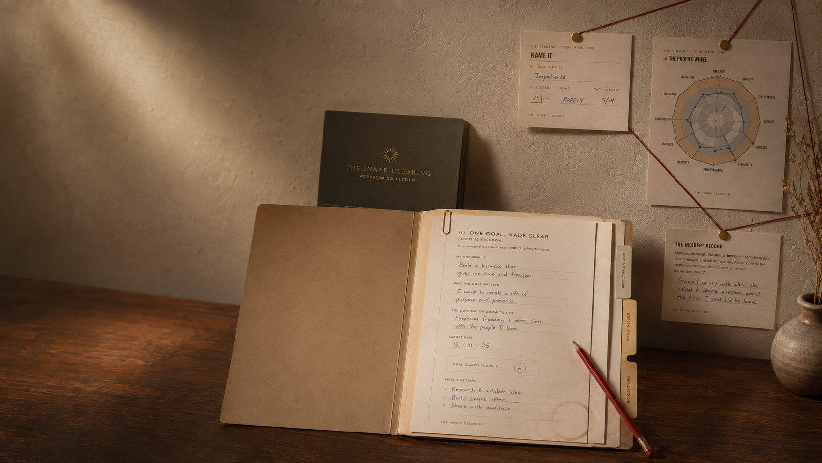 The green Inner Clearing Method book on a black marble table with an open workbook, cards, latte, and gold pen